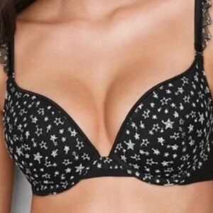 Victoria's Secret Black Bra with Lace Trim beautiful silver stars